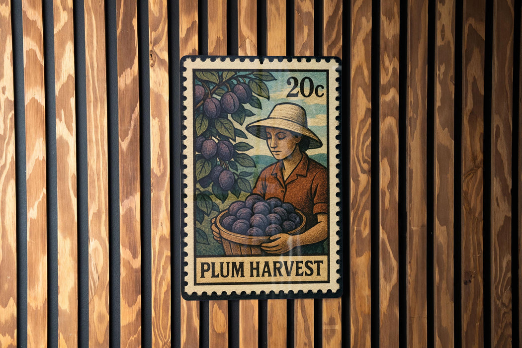 A 20c postage stamp depicting a person harvesting plums, with the text "PLUM HARVEST" below the illustration.