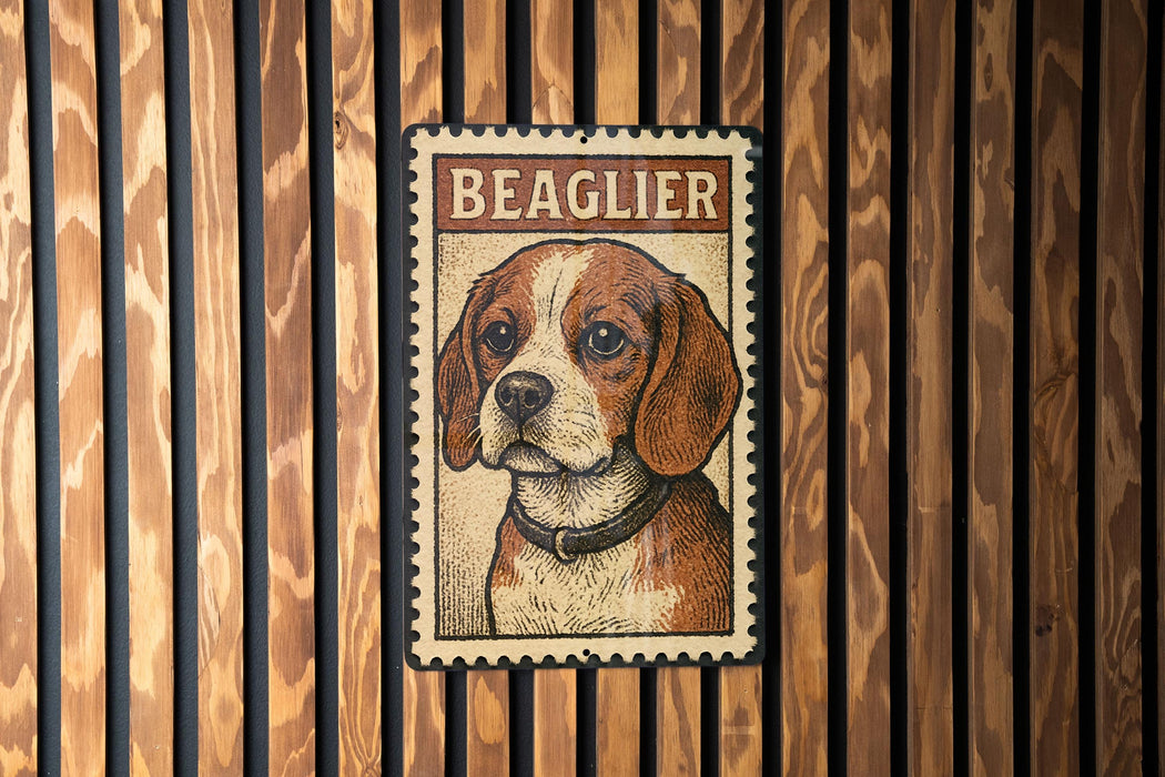 A metal stamp-like sign with a picture of a beagle dog and the word "BEAGLER" printed on it, mounted on a wooden wall.