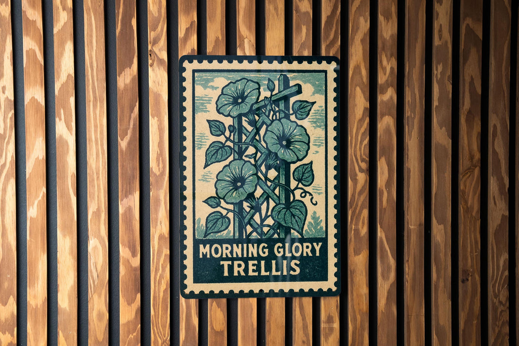 A wooden wall with a framed poster featuring a plant with large green leaves and a flower.