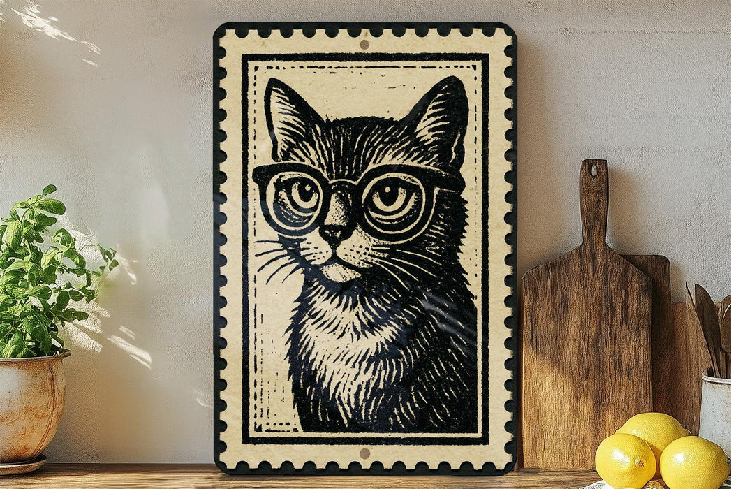 A framed illustration of a cat wearing glasses is displayed on a shelf, accompanied by a wooden cutting board, a potted plant, and some lemons.