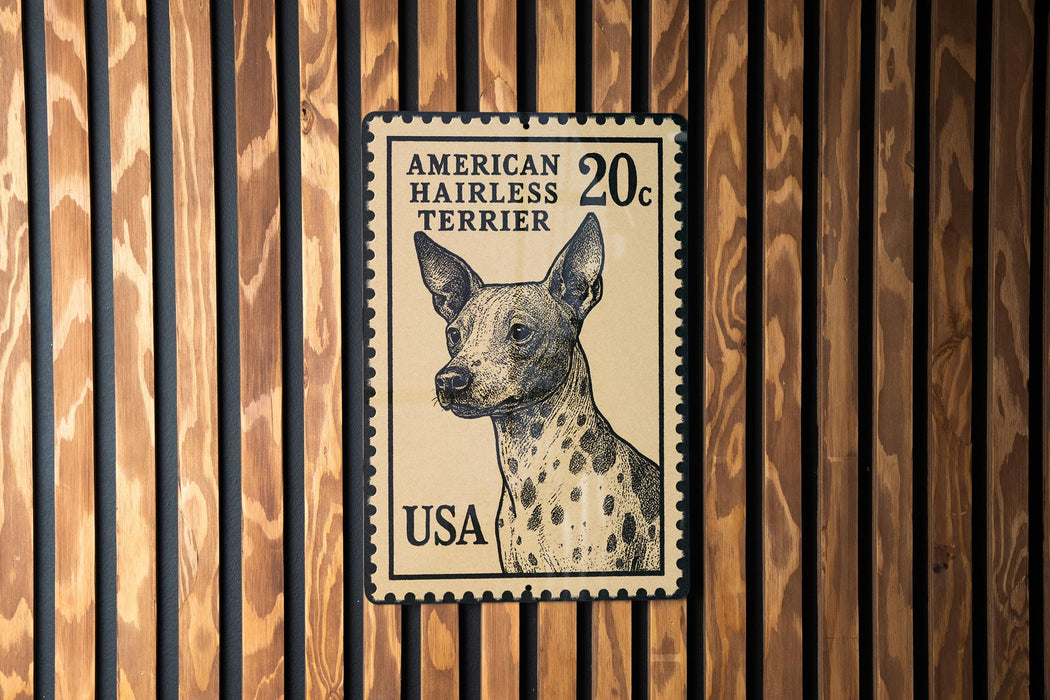 A United States postage stamp featuring an American Hairless Terrier dog.