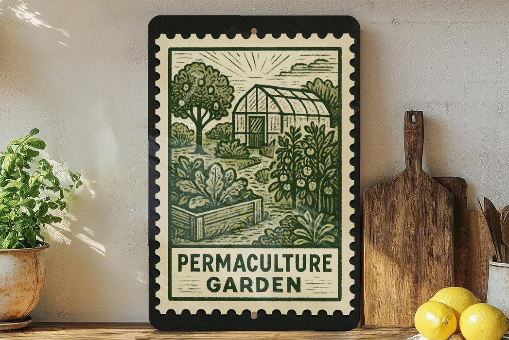 A framed illustration of a garden scene with a greenhouse, surrounded by potted plants and kitchen utensils, is displayed on a shelf.