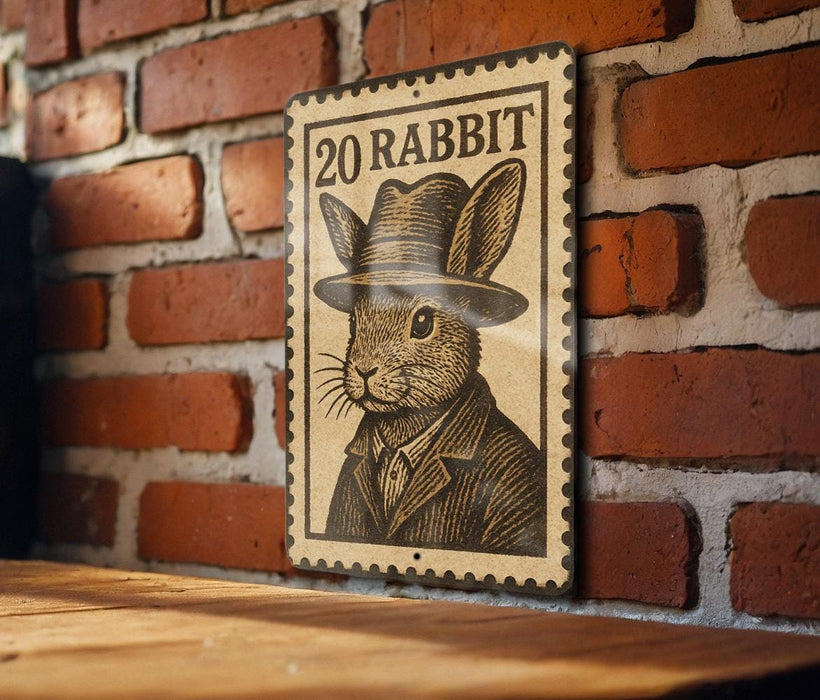 A wooden table with a sign featuring a rabbit wearing a hat and coat, mounted on a brick wall.