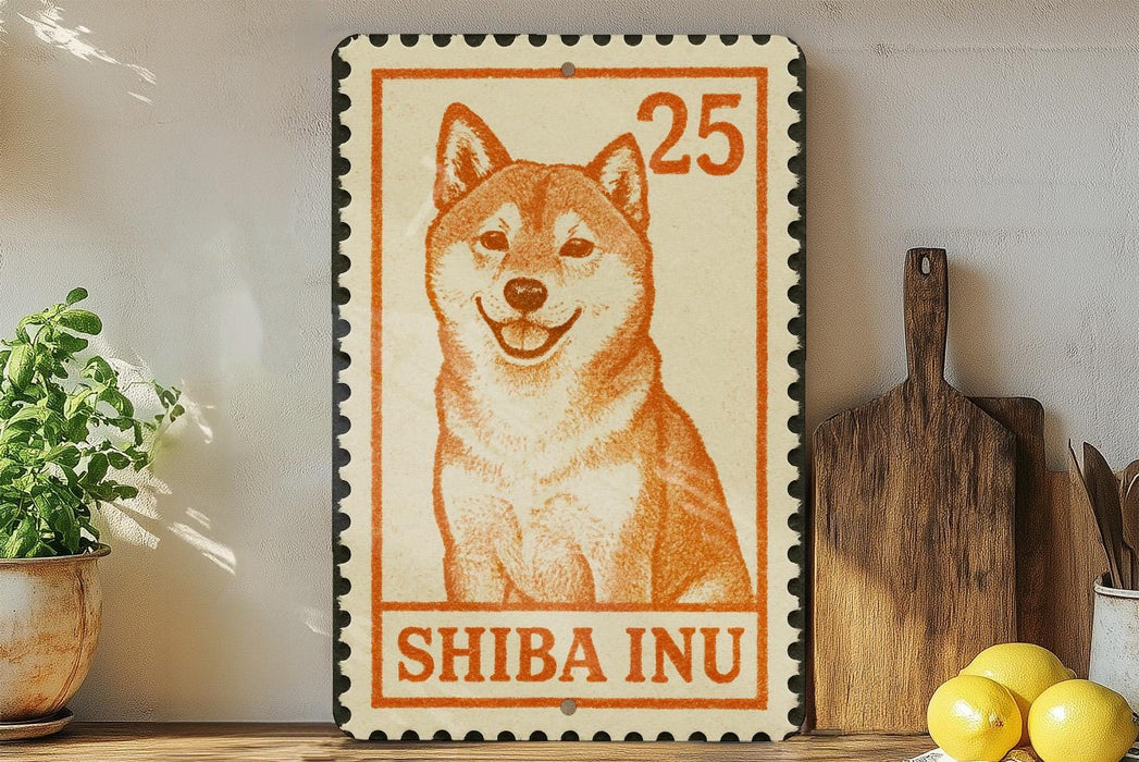 a Shiba Inu dog, which is a breed of dog known for its distinctive appearance and friendly temperament. The dog is depicted in a stamp-like design, with the text "SHIBA INU" prominently displayed. The image is set against a backdrop of a white wall, with various kitchen utensils and items visible in the background.