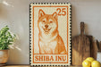 a Shiba Inu dog, which is a breed of dog known for its distinctive appearance and friendly temperament. The dog is depicted in a stamp-like design, with the text "SHIBA INU" prominently displayed. The image is set against a backdrop of a white wall, with various kitchen utensils and items visible in the background.