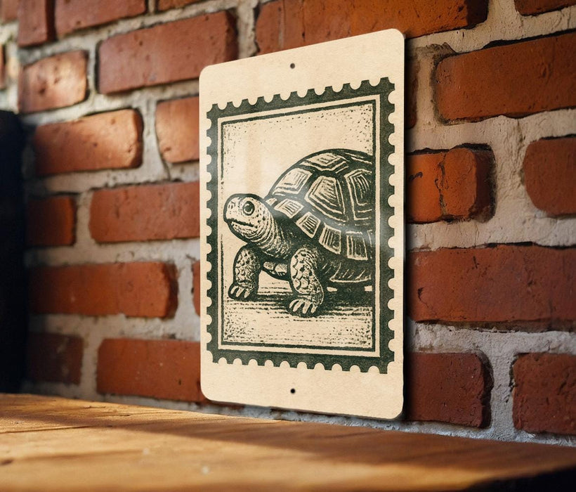 A sign featuring a detailed illustration of a turtle is mounted on a brick wall.