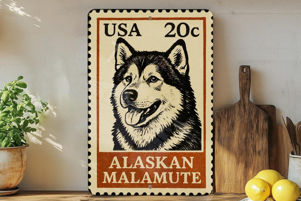 A metal sign featuring a black and white illustration of a husky dog, with text indicating it is a 20 cent United States postage stamp for Alaska Malamute dogs.