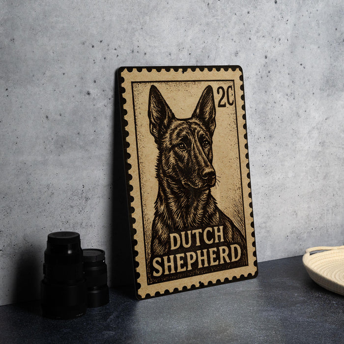 A wooden postcard featuring a dog, specifically a Dutch Shepherd, is displayed on a table.