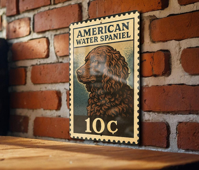 A metal sign featuring an illustration of an American Water Spaniel dog, mounted on a brick wall.