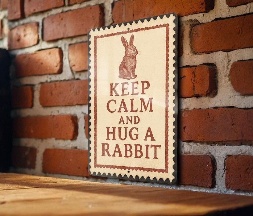 A sign with the text "KEEP CALM AND HUG A RABBIT" is displayed on a brick wall.