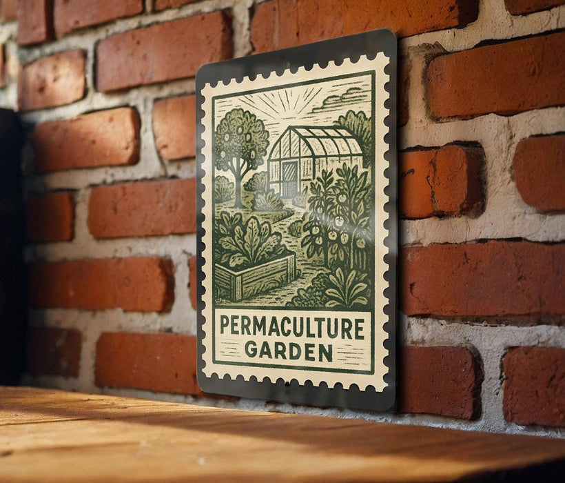 A metal sign with a stamp-like design hangs on a brick wall, depicting a garden scene with a greenhouse and plants.