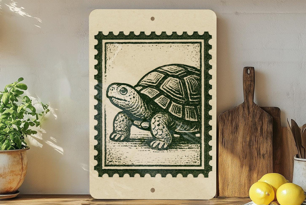 a wooden cutting board with a decorative stamp of a turtle on it, placed on a shelf next to a potted plant and some lemons.