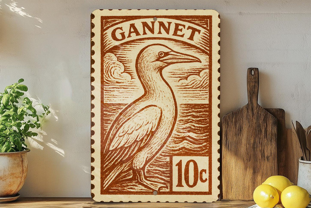 a wooden sign with a bird illustration, placed on a wooden surface next to a potted plant and some kitchen utensils.