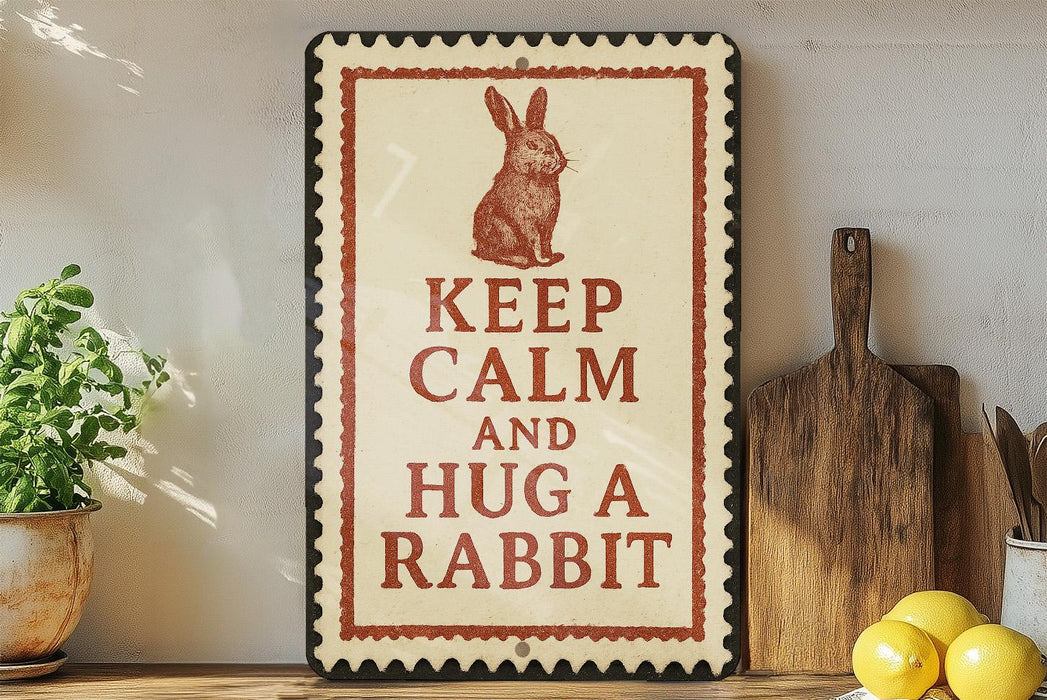 A sign with the text "KEEP CALM AND HUG A RABBIT" is displayed on a shelf, accompanied by a wooden cutting board and a potted plant.