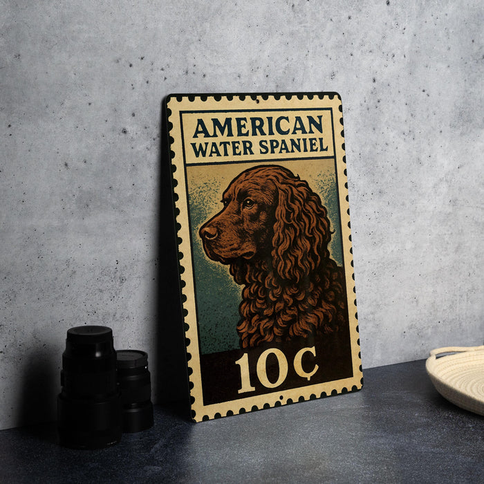 A metal sign featuring an illustration of an American Water Spaniel dog, with the text "AMERICAN WATER SPANIEL" and the price "10c" printed on it.