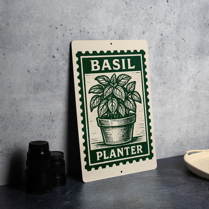 A metal sign with a green border and a picture of a basil plant in a pot, placed on a table next to some black camera lenses.