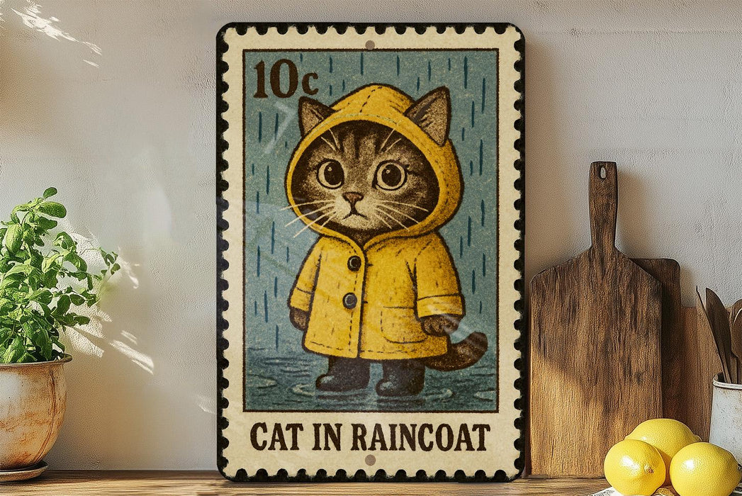 A metal sign featuring a cartoon cat wearing a yellow raincoat, standing in the rain.