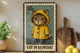 A metal sign featuring a cartoon cat wearing a yellow raincoat, standing in the rain.