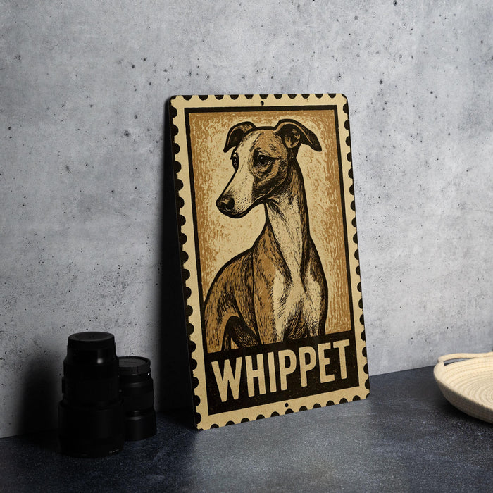 A metal sign featuring a drawing of a dog, with the word "Whippet" written below it.