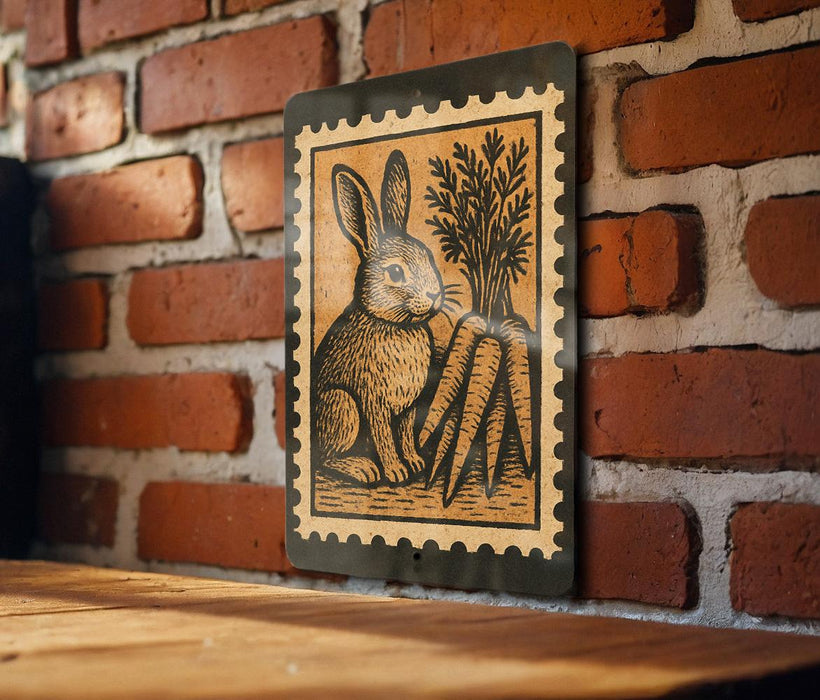 A metal sign featuring a rabbit and carrots is mounted on a brick wall.