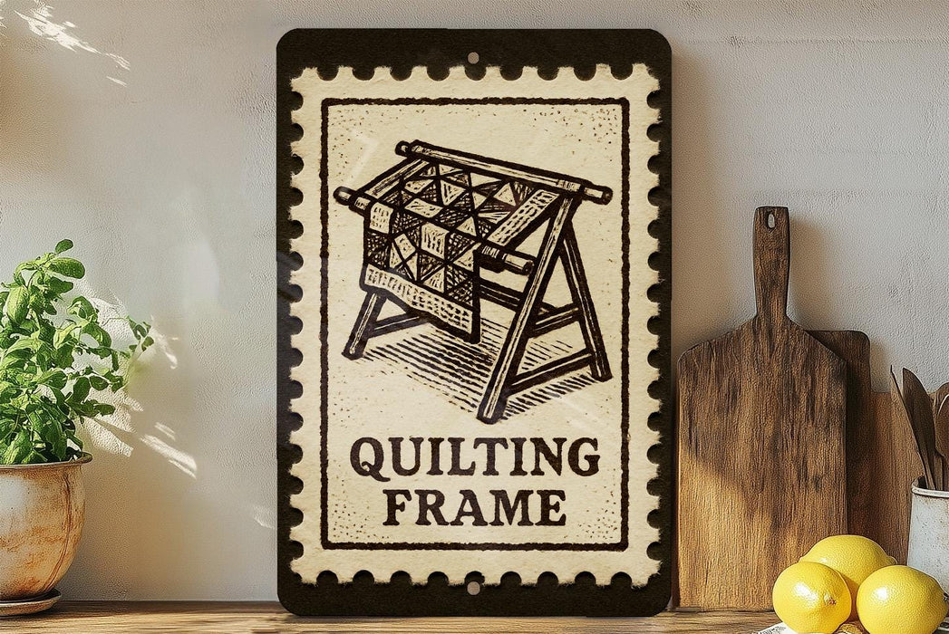 a framed illustration of a quilting frame, with a potted plant to the left and a wooden cutting board to the right.