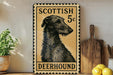 A decorative sign featuring a black and white illustration of a Scottish Deerhound dog, with the text "SCOTTISH 5c DEERHOUND" printed on it. The sign is displayed on a shelf next to a wooden cutting board and a potted plant.