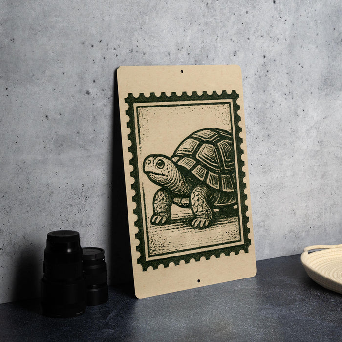 a wooden sign with a turtle illustration on it, placed on a table next to some black camera lenses.