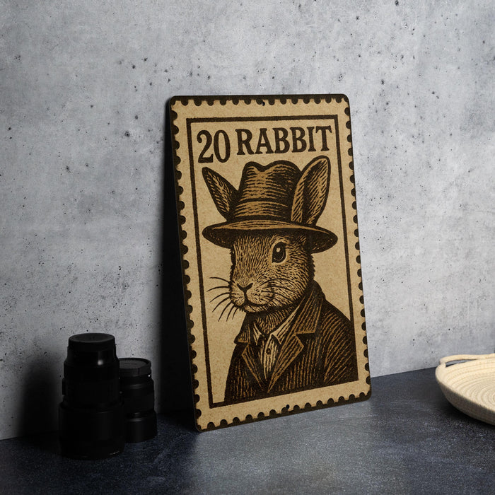 A wooden postcard with a rabbit wearing a hat and coat, sitting on a table next to some black camera lenses.