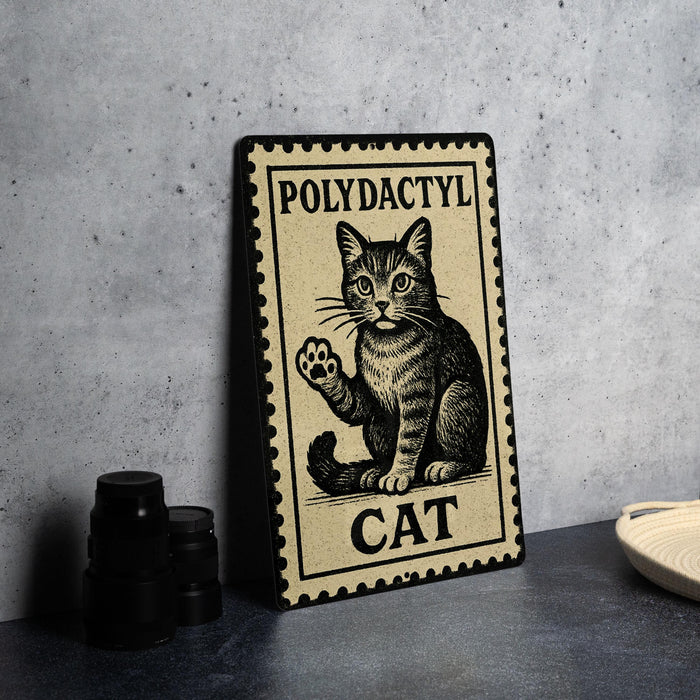 A metal sign with a cat illustration and the text "POLYDACTYL CAT" is displayed on a table.