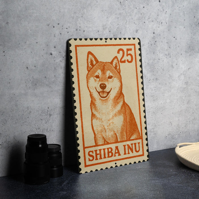 A metal stamp featuring an illustration of a Shiba Inu dog, with the number 25 and the text "SHIBA INU" printed on it.