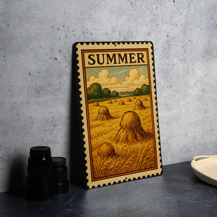 A metal sign with a vintage-style illustration of a field of hay bales, with the word "SUMMER" prominently displayed.