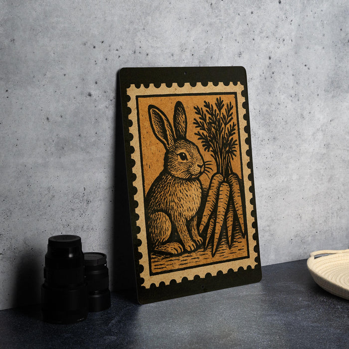 a black and white illustration of a rabbit sitting next to a bunch of carrots on a countertop.