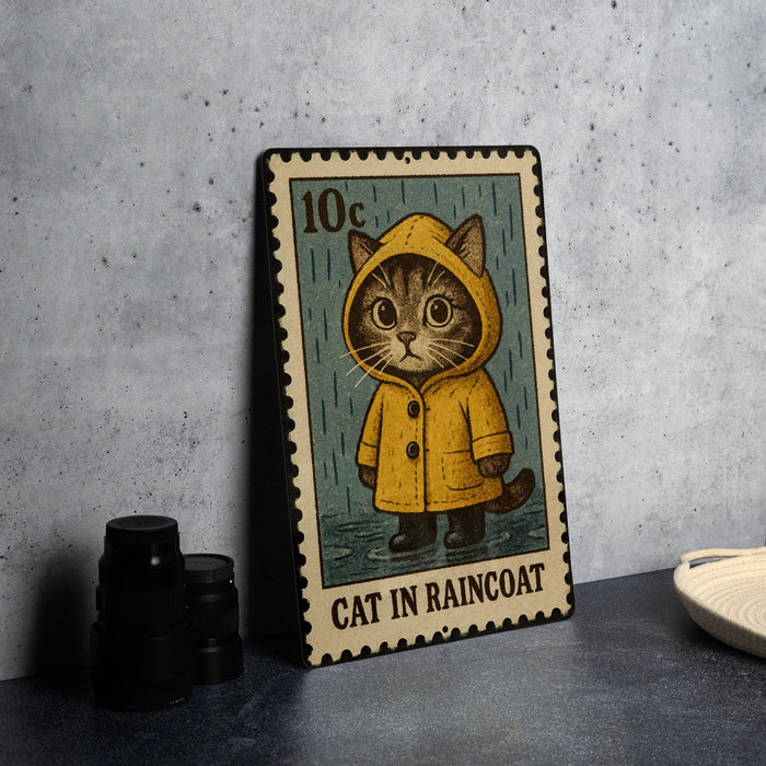 A metal stamp depicting a cat wearing a yellow raincoat, standing in the rain.