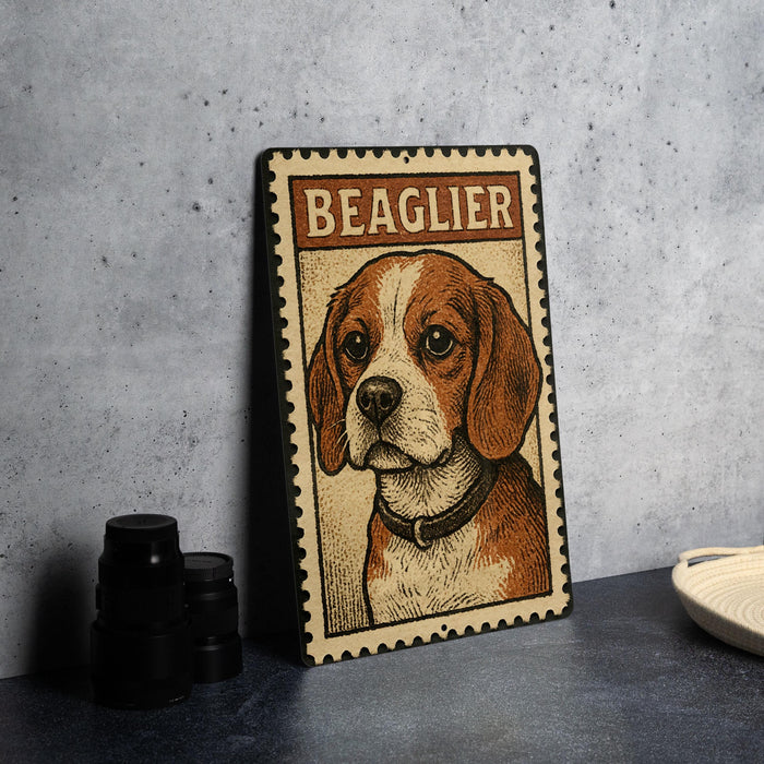 A metal sign featuring a beagle dog with the name "Beaglier" written on it, placed on a table next to some black camera lenses.
