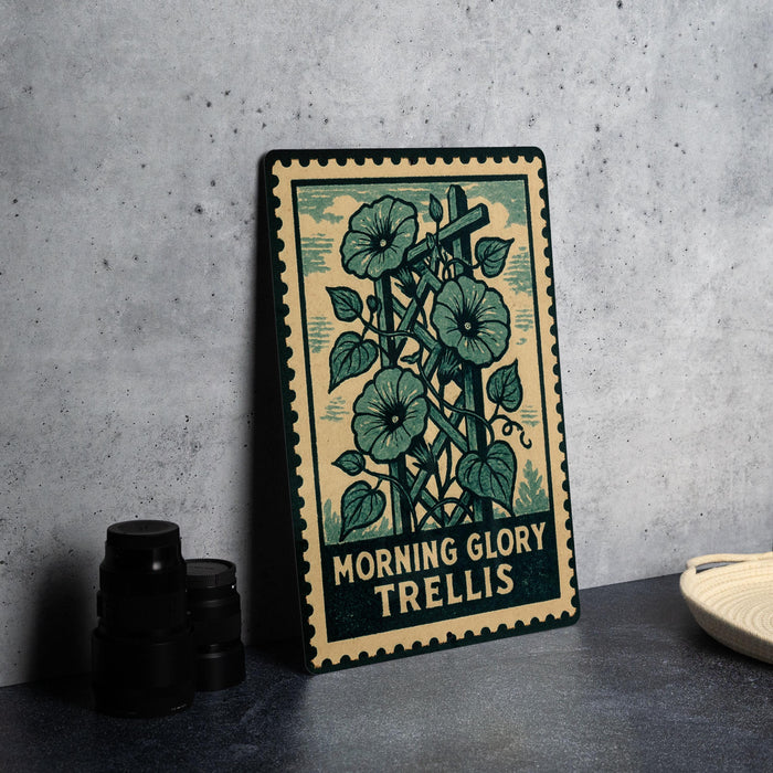 A framed illustration of a morning glory trellis plant on a wall, with the text "MORNING GLORY TRELLIS" printed on it.