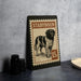 A metal sign with a stamp-like design featuring a dog illustration and the text "STABHOUN" and "15c".