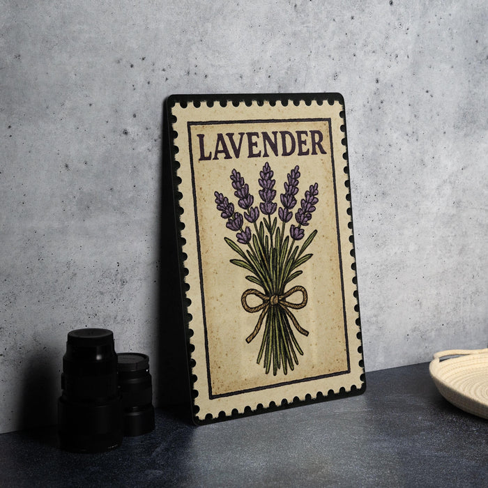 A framed illustration of lavender flowers on a wall, with the word "LAVENDER" written above it.