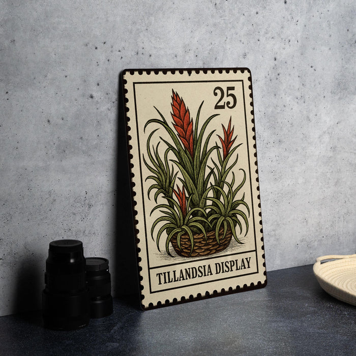 A metal stamp featuring a plant illustration, placed on a table next to some black camera lenses.