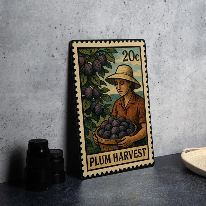 A metal stamp depicting a woman holding a basket of plums, with the text "PLUM HARVEST" on it.