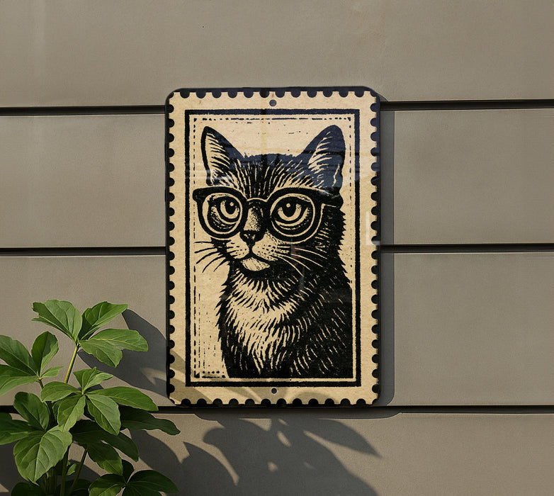 A framed image of a cat wearing glasses is displayed on a wall, with a plant visible to the left.