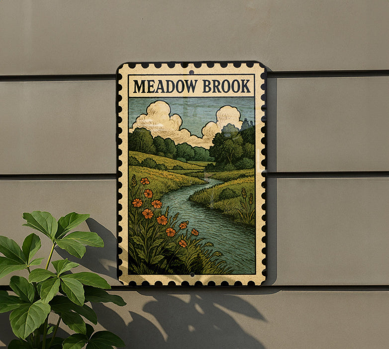 a framed illustration of a scenic landscape with a river, flowers, and trees, mounted on a wall.
