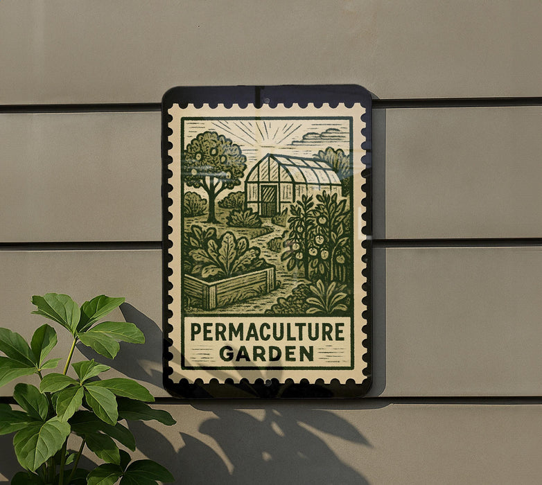 a sign for a "Permaculture Garden" attached to a wall, with a plant in the foreground.