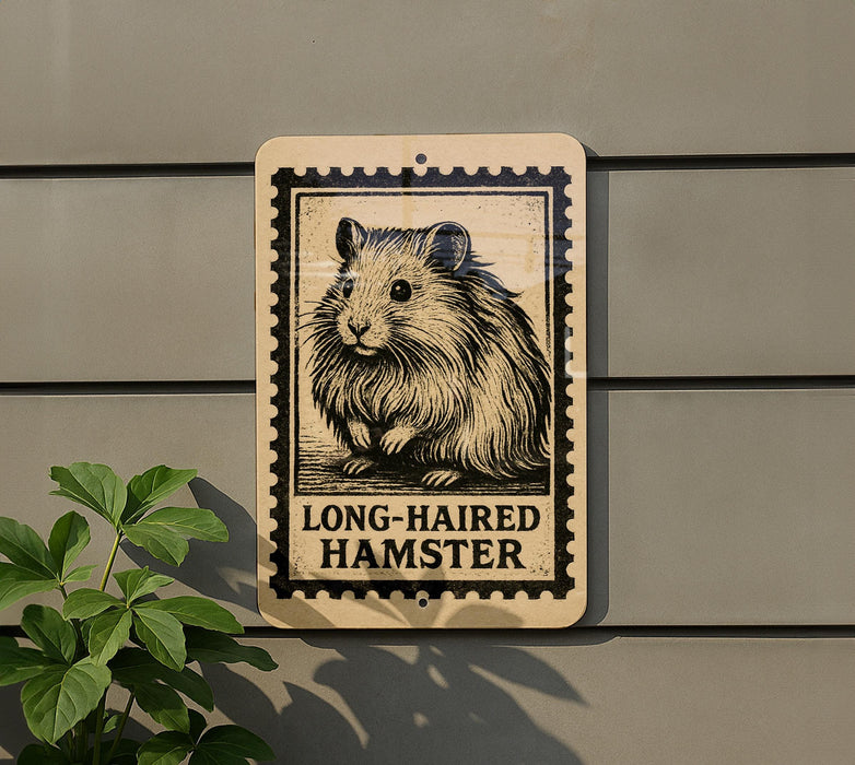 a sign with a hamster illustration and the text "LONG HAIRED HAMSTER" on it.