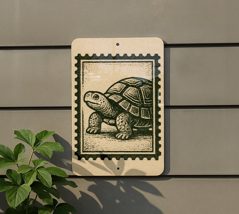 a turtle on a sign, which is mounted on a wall.