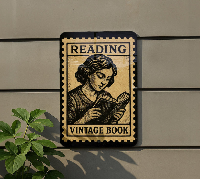 A vintage-style sign that reads "Reading Vintage Book" is displayed on a wall, with a plant visible to the left side of the sign.