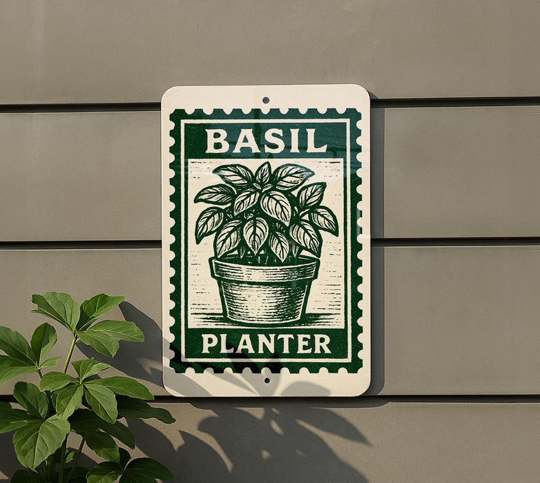 A green and white sign with a basil plant illustration is mounted on a wall, with a plant visible to the left.