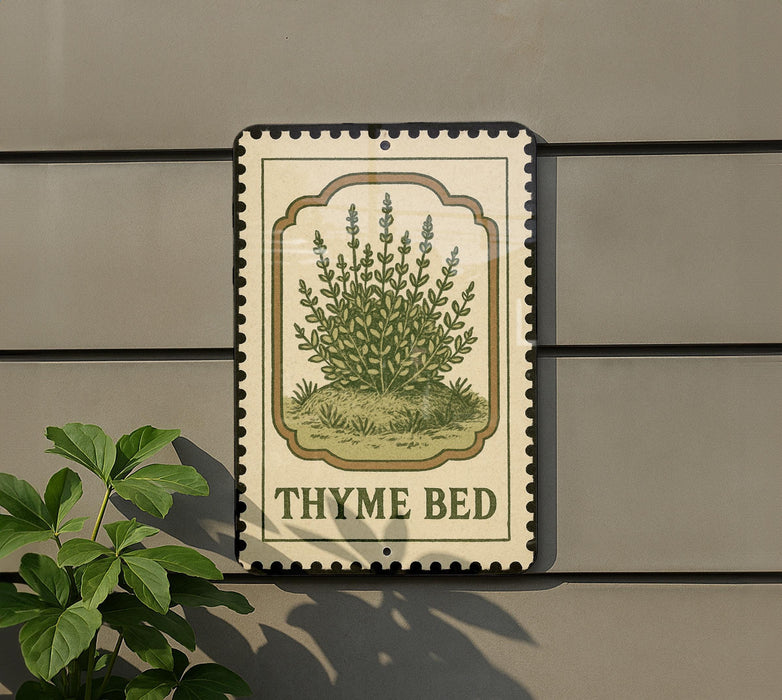 A sign with a thyme plant illustration is mounted on a wall, with a plant visible to the left.