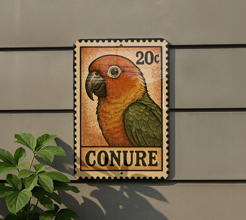 a colorful parrot, specifically a Conure, perched on a wall.