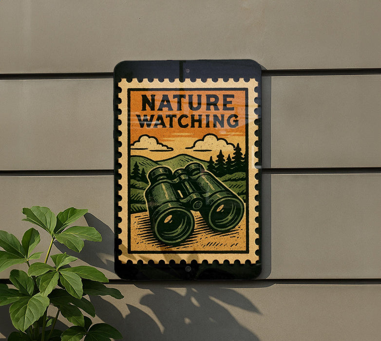 A sign with the text "NATURE WATCHING" and an illustration of binoculars, mounted on a wall next to a plant.