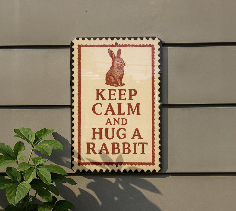 A sign with the message "KEEP CALM AND HUG A RABBIT" is displayed on a wall, with a plant to the left of the sign.